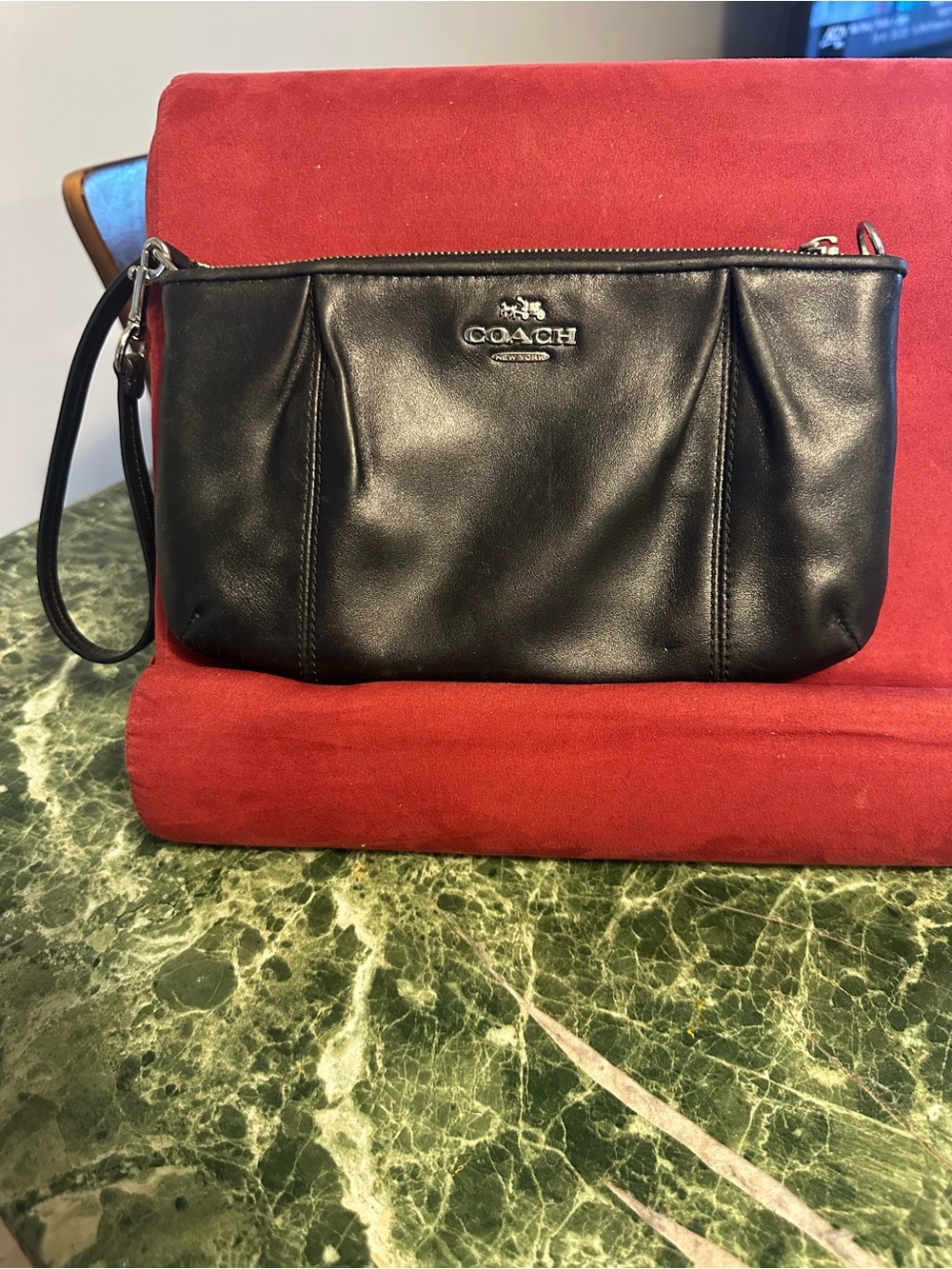 Coach Black Leather Wristlet Clutch with Silver Hardware